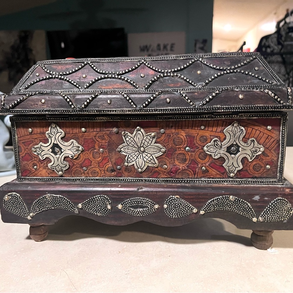 Ornate Moroccan Wooden and Leather Jewelry Box with Silver and Stone Accents - Picture 3 of 16